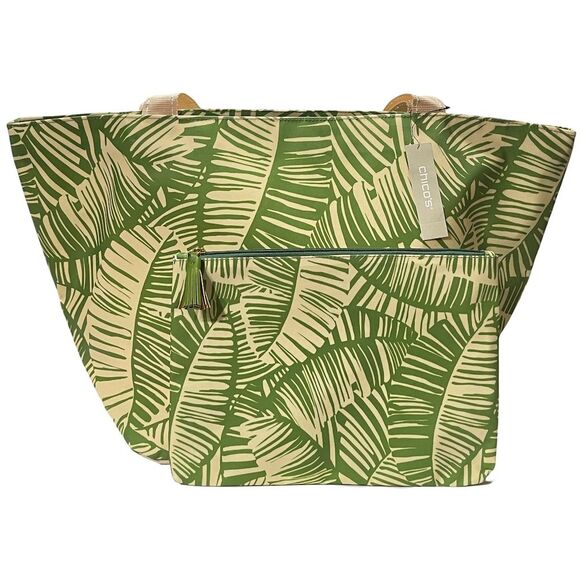 Chico's Tropical Palm Leaf Oversized Tote Bag & Pouch Set - Picture 1 of 15